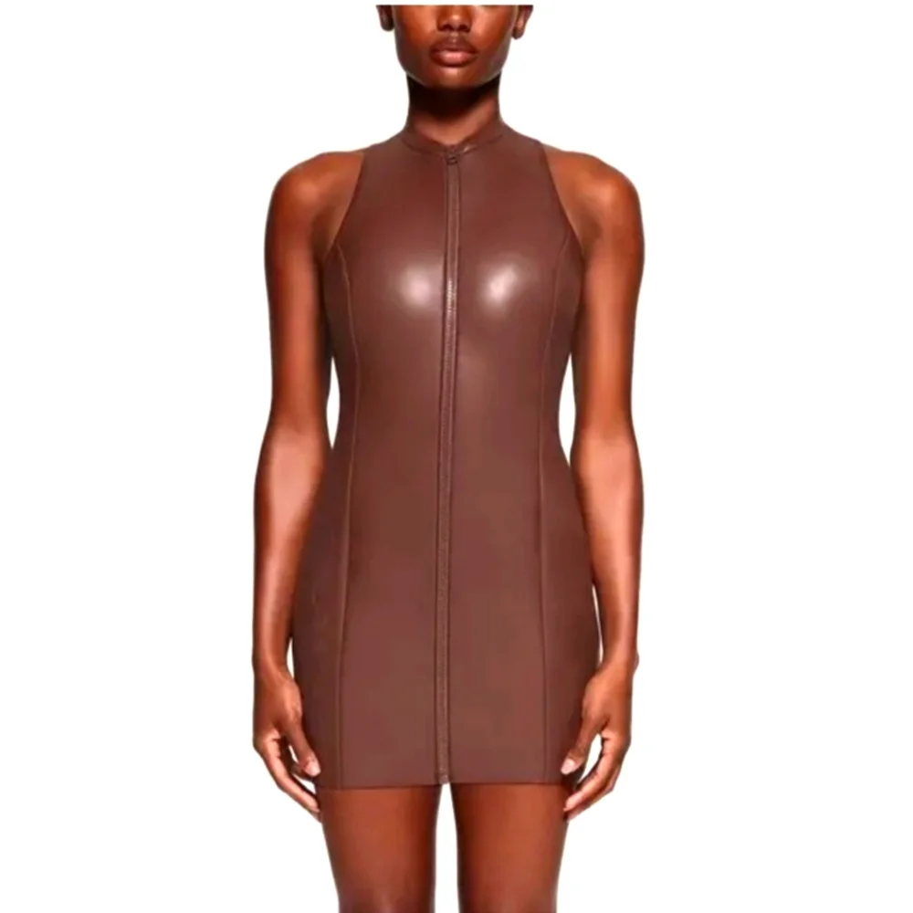 NWT Skims Rubberized Scuba Swim Moxk Neck Dress Full Zip Cocoa XXS